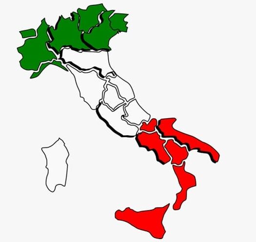 L'Italia divisa in nord, centro e sud rispettivamente in verde, bianco e rosso